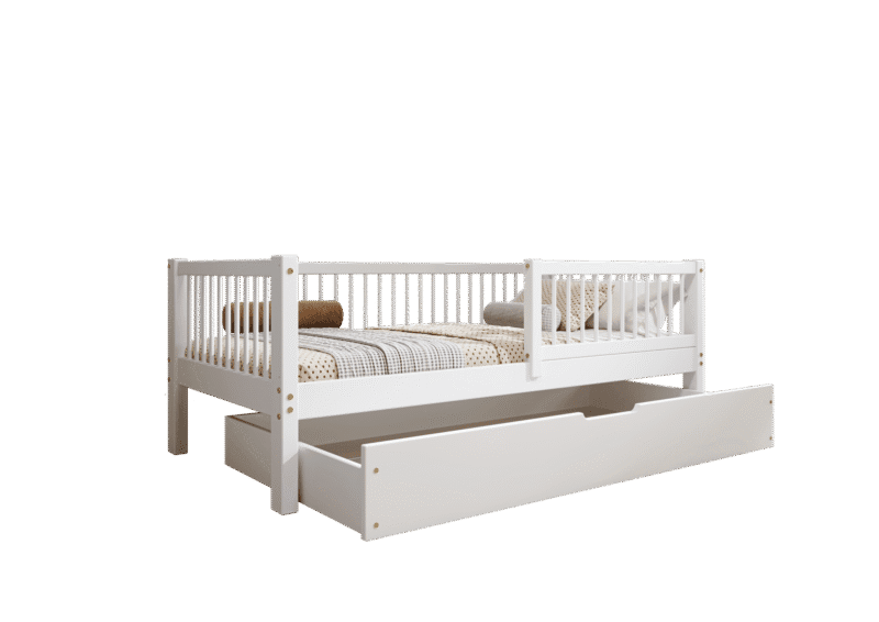 ALFIE Klassisches Kinderbett aus Holz mit runden Sprossen und Bettwäsche-Schublade