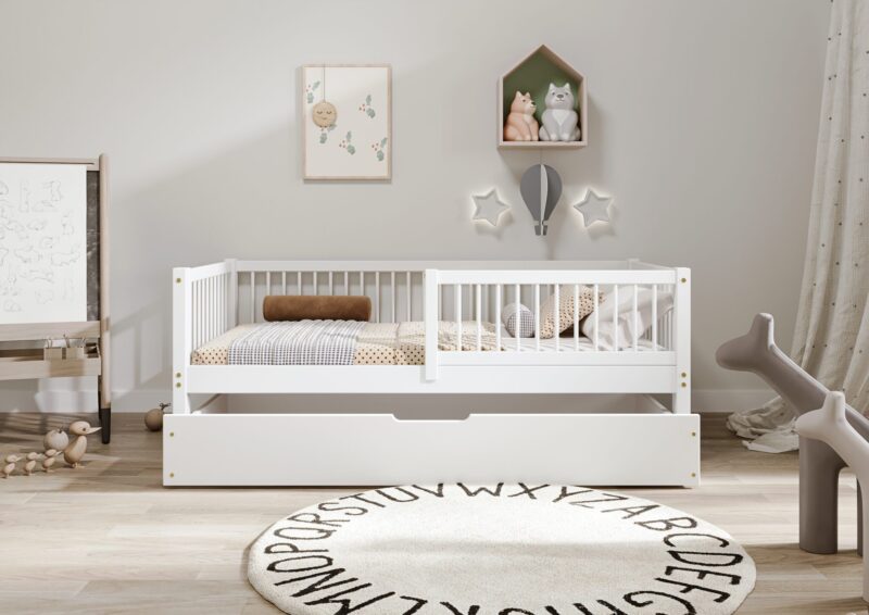 ALFIE Klassisches Kinderbett aus Holz mit runden Sprossen und Bettwäsche-Schublade