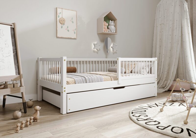 ALFIE Klassisches Kinderbett aus Holz mit runden Sprossen und Bettwäsche-Schublade