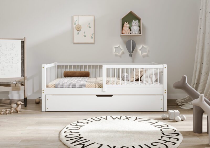 ALFIE Klassisches Kinderbett aus Holz mit runden Sprossen und Bettwäsche-Schublade