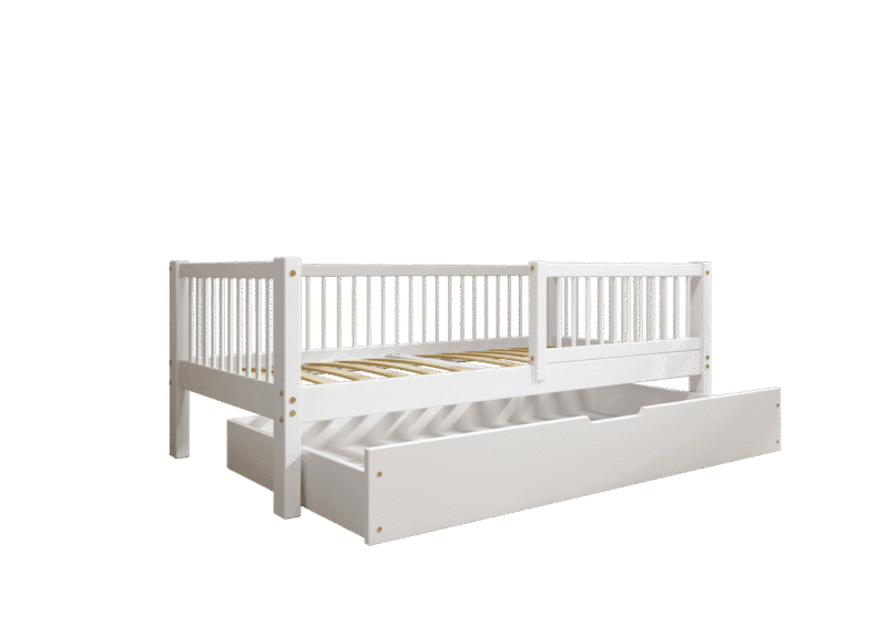 ALFIE Klassisches Kinderbett aus Holz mit runden Sprossen und Bettwäsche-Schublade