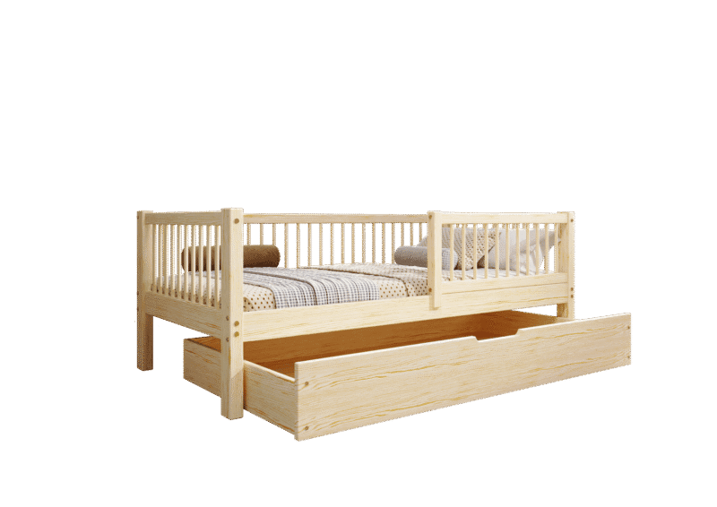 ALFIE Klassisches Kinderbett aus Holz mit runden Sprossen und Bettwäsche-Schublade