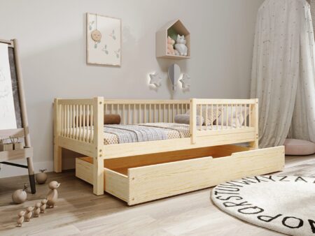 ALFIE Klassisches Kinderbett aus Holz mit runden Sprossen und Bettwäsche-Schublade