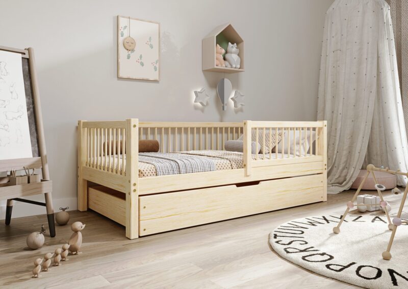 ALFIE Klassisches Kinderbett aus Holz mit runden Sprossen und Bettwäsche-Schublade