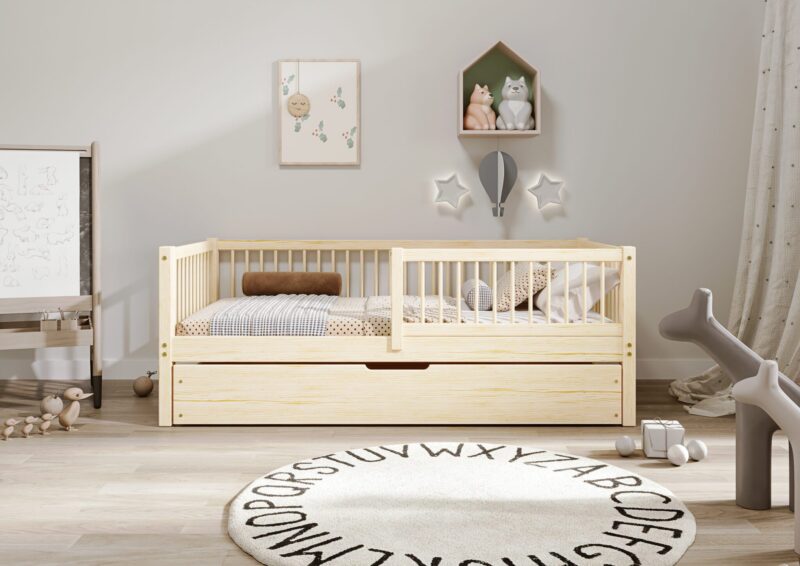 ALFIE Klassisches Kinderbett aus Holz mit runden Sprossen und Bettwäsche-Schublade