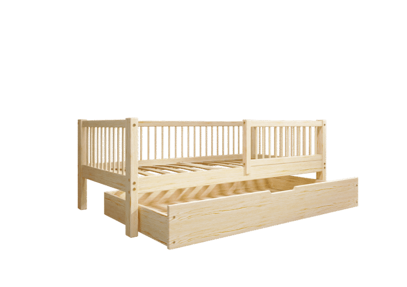 ALFIE Klassisches Kinderbett aus Holz mit runden Sprossen und Bettwäsche-Schublade