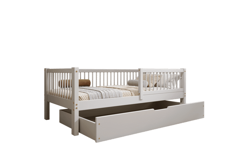 ALFIE Klassisches Kinderbett aus Holz mit runden Sprossen und Bettwäsche-Schublade