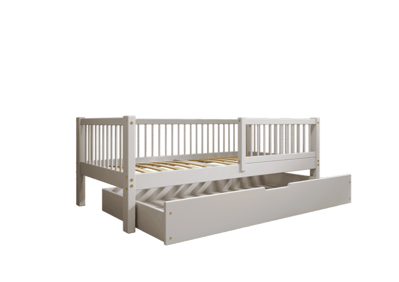 ALFIE Klassisches Kinderbett aus Holz mit runden Sprossen und Bettwäsche-Schublade