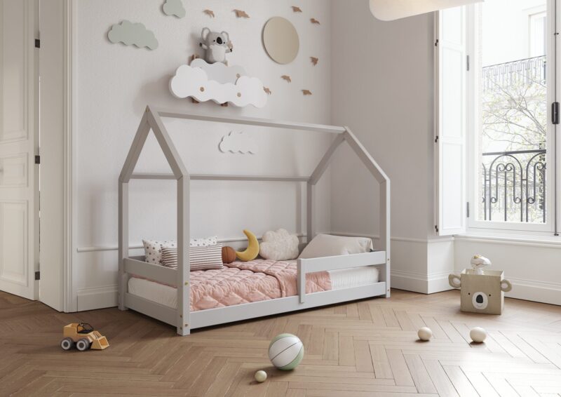 FLORENCE Klassisches Kinderbett aus Holz mit waagerechtem Rausfallschutz, niedrig