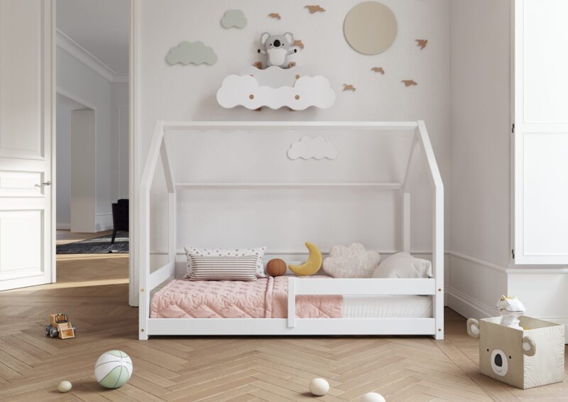 FLORENCE Klassisches Kinderbett aus Holz mit waagerechtem Rausfallschutz, niedrig