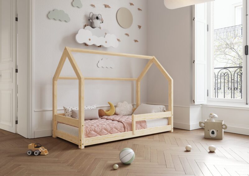 FLORENCE Klassisches Kinderbett aus Holz mit waagerechtem Rausfallschutz, niedrig