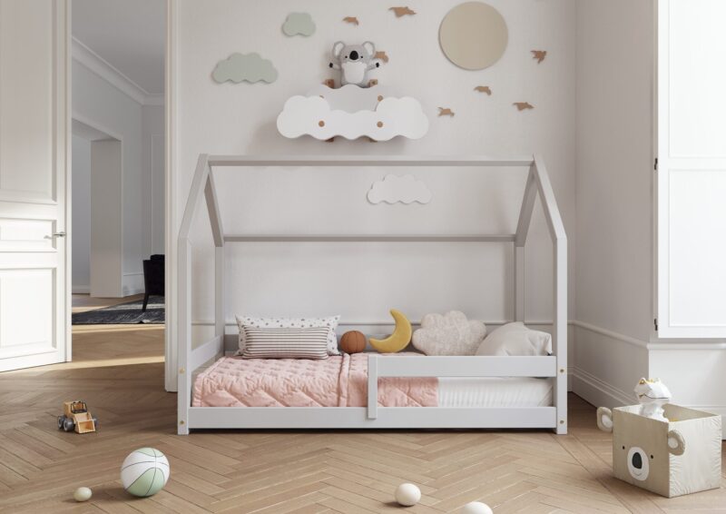 FLORENCE Klassisches Kinderbett aus Holz mit waagerechtem Rausfallschutz, niedrig