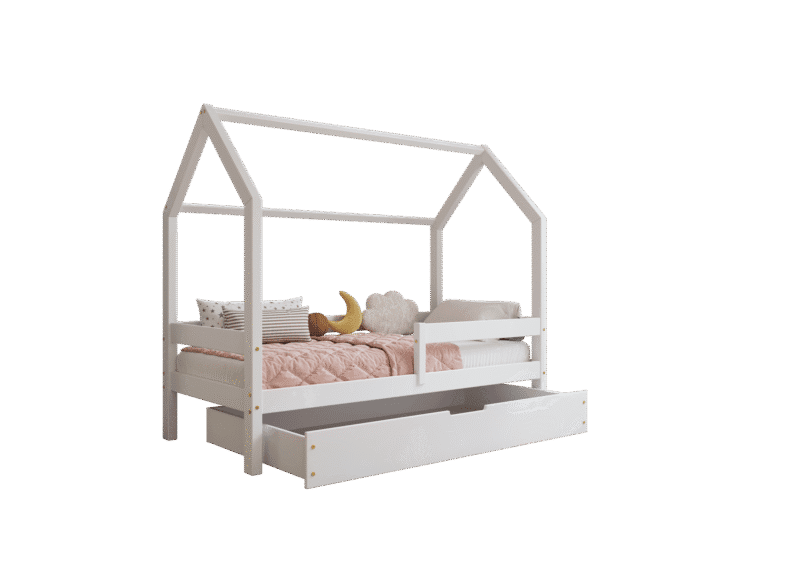 FLORENCE BOX Hausbett aus Holz mit waagerechtem Rausfallschutz und Bettwäsche-Schublade