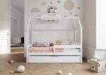 FLORENCE BOX Hausbett aus Holz mit waagerechtem Rausfallschutz und Bettwäsche-Schublade