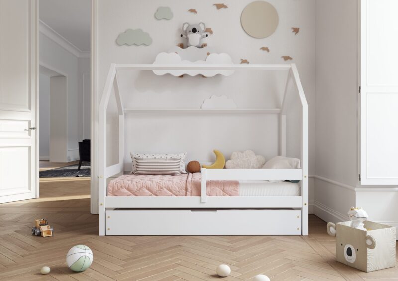 FLORENCE BOX Hausbett aus Holz mit waagerechtem Rausfallschutz und Bettwäsche-Schublade