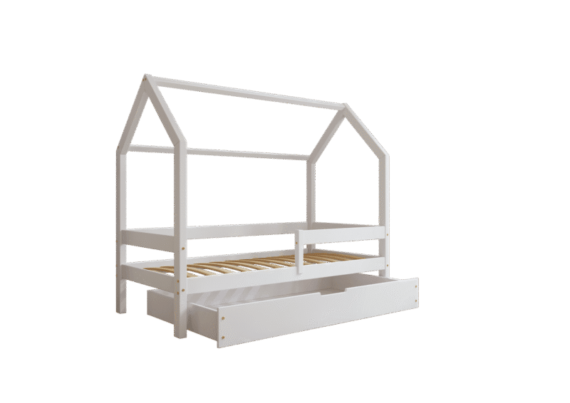 FLORENCE BOX Hausbett aus Holz mit waagerechtem Rausfallschutz und Bettwäsche-Schublade