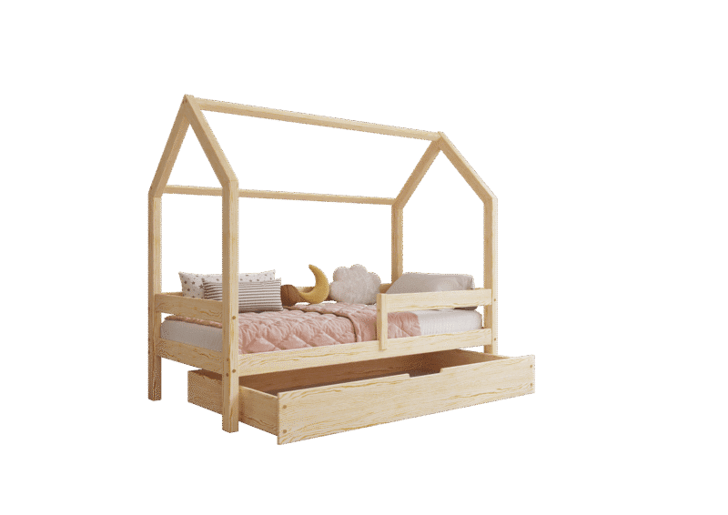 FLORENCE BOX Hausbett aus Holz mit waagerechtem Rausfallschutz und Bettwäsche-Schublade – Versand in 48 h
