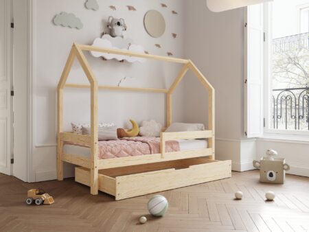 FLORENCE BOX Hausbett aus Holz mit waagerechtem Rausfallschutz und Bettwäsche-Schublade