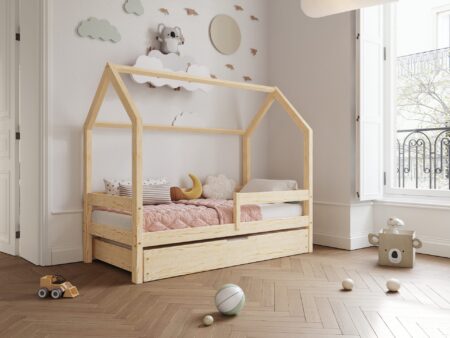 FLORENCE BOX Hausbett aus Holz mit waagerechtem Rausfallschutz und Bettwäsche-Schublade – Versand in 48 h
