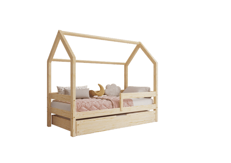 FLORENCE BOX Hausbett aus Holz mit waagerechtem Rausfallschutz und Bettwäsche-Schublade – Versand in 48 h