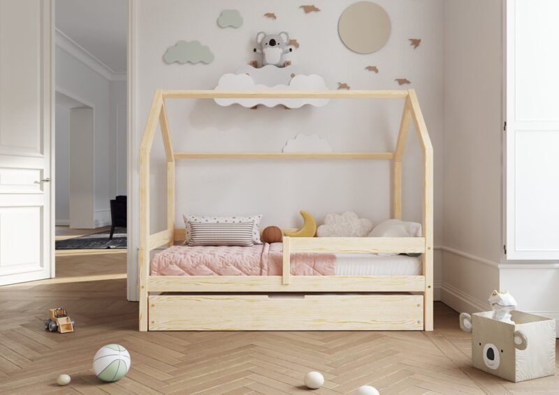 FLORENCE BOX Hausbett aus Holz mit waagerechtem Rausfallschutz und Bettwäsche-Schublade – Versand in 48 h