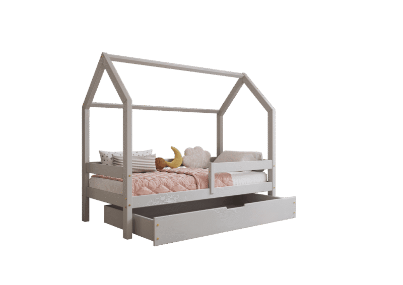 FLORENCE BOX Hausbett aus Holz mit waagerechtem Rausfallschutz und Bettwäsche-Schublade