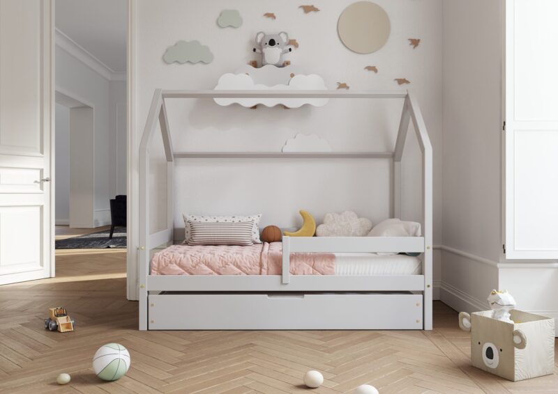 FLORENCE BOX Hausbett aus Holz mit waagerechtem Rausfallschutz und Bettwäsche-Schublade