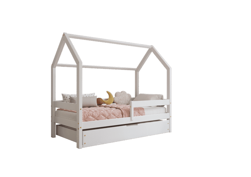 FLORENCE BOX Hausbett aus Holz mit waagerechtem Rausfallschutz und Bettwäsche-Schublade