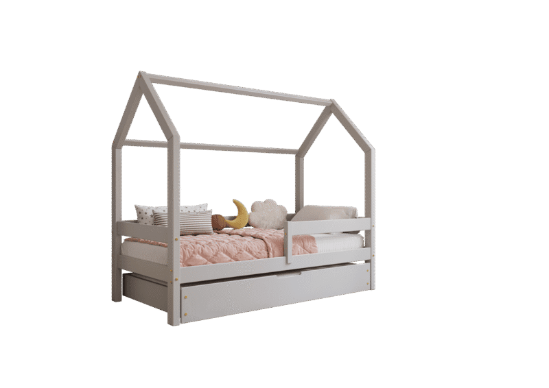 FLORENCE BOX Hausbett aus Holz mit waagerechtem Rausfallschutz und Bettwäsche-Schublade