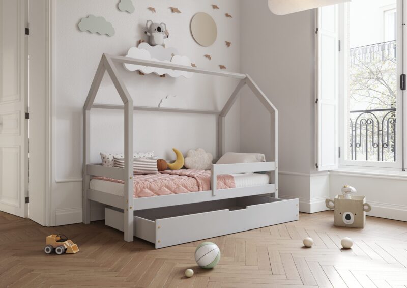 FLORENCE BOX Hausbett aus Holz mit waagerechtem Rausfallschutz und Bettwäsche-Schublade