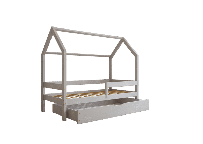 FLORENCE BOX Hausbett aus Holz mit waagerechtem Rausfallschutz und Bettwäsche-Schublade