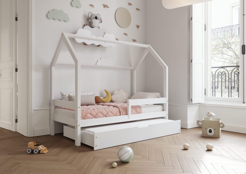 FLORENCE DUO Hausbett aus Holz mit waagerechtem Rausfallschutz und Schlafschublade