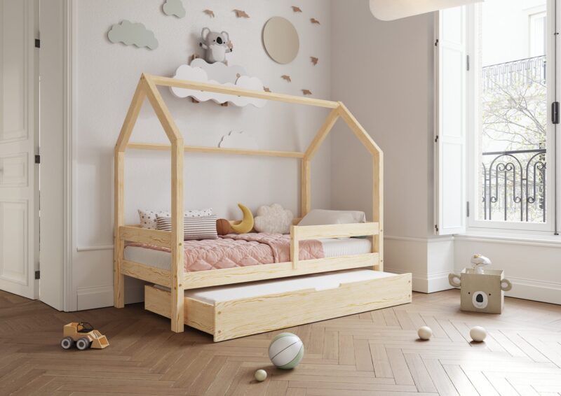 FLORENCE DUO Hausbett aus Holz mit waagerechtem Rausfallschutz und Schlafschublade