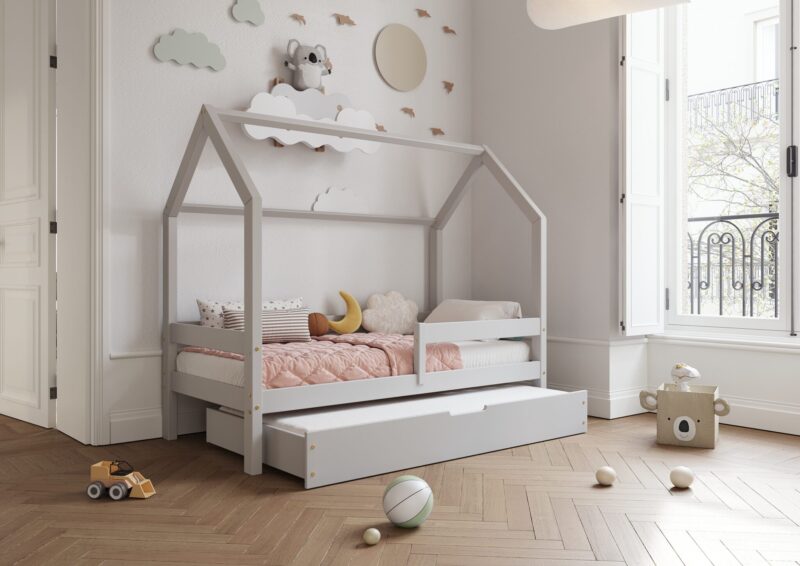 FLORENCE DUO Hausbett aus Holz mit waagerechtem Rausfallschutz und Schlafschublade