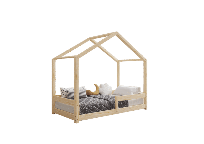 HUFFIE Hausbett aus Holz mit waagerechtem Rausfallschutz, niedrig