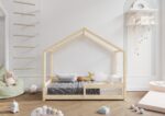 HUFFIE Hausbett aus Holz mit waagerechtem Rausfallschutz, niedrig