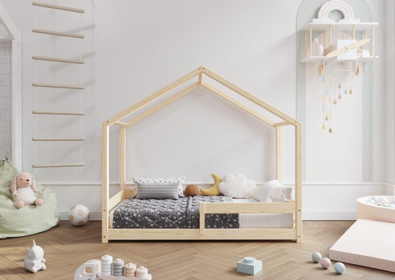 HUFFIE Hausbett aus Holz mit waagerechtem Rausfallschutz, niedrig