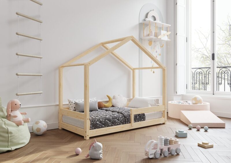 HUFFIE Hausbett aus Holz mit waagerechtem Rausfallschutz, niedrig