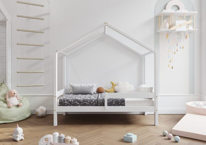 HUFFIE Hausbett aus Holz mit waagerechtem Rausfallschutz, hoch