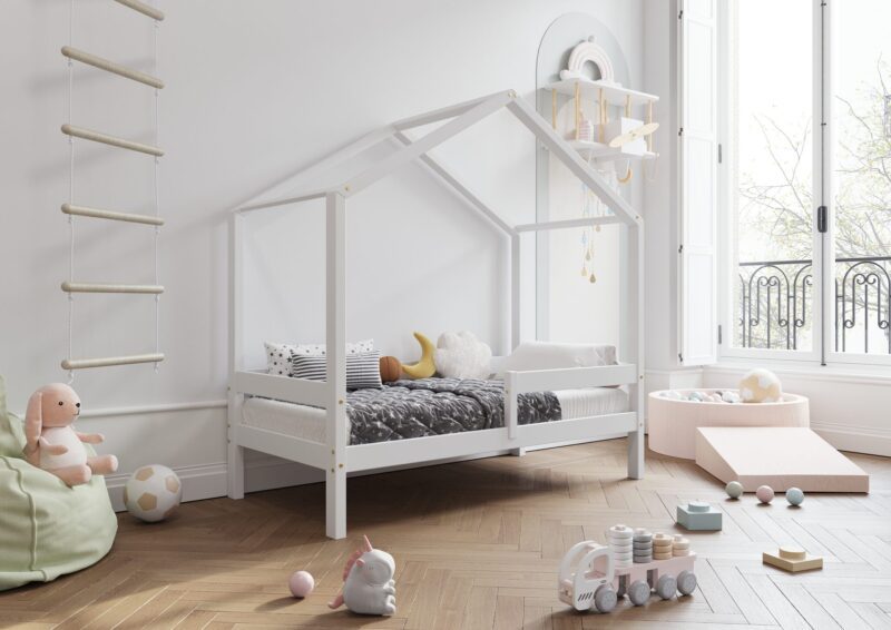 HUFFIE Hausbett aus Holz mit waagerechtem Rausfallschutz, hoch