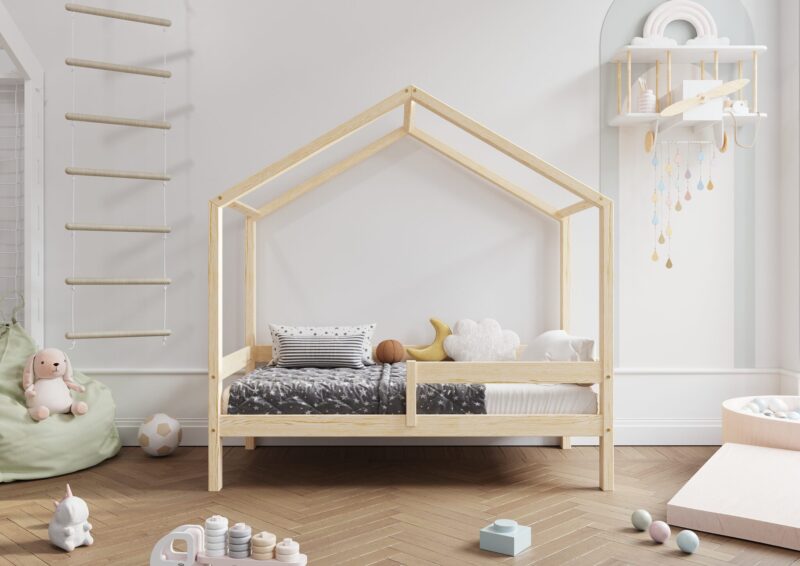 HUFFIE Hausbett aus Holz mit waagerechtem Rausfallschutz, hoch