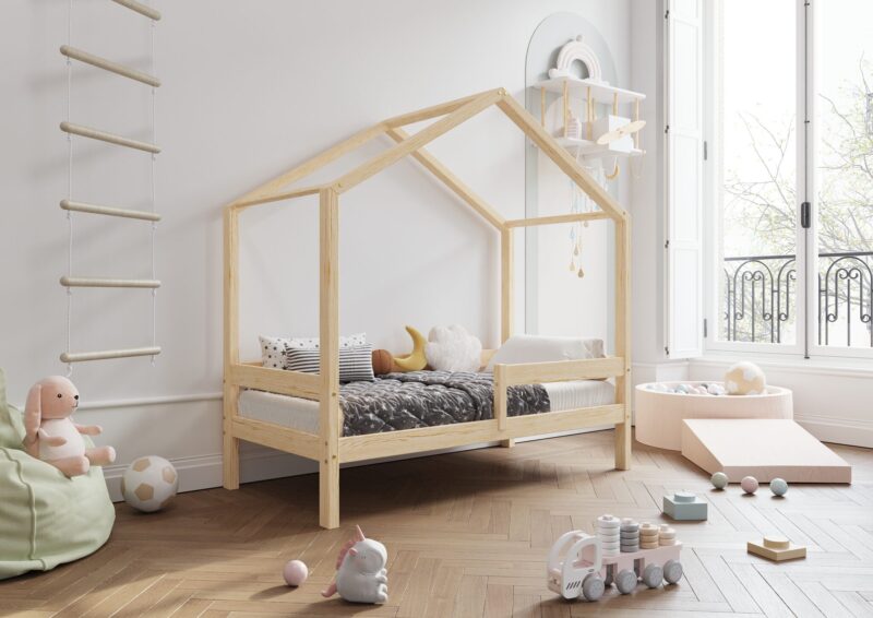 HUFFIE Hausbett aus Holz mit waagerechtem Rausfallschutz, hoch