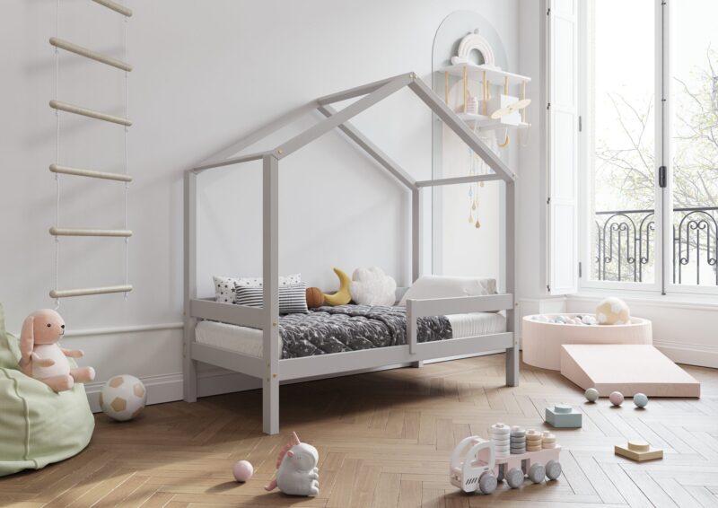 HUFFIE Hausbett aus Holz mit waagerechtem Rausfallschutz, hoch