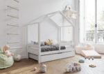 HUFFIE Hausbett aus Holz mit waagerechtem Rausfallschutz und Schlafschublade