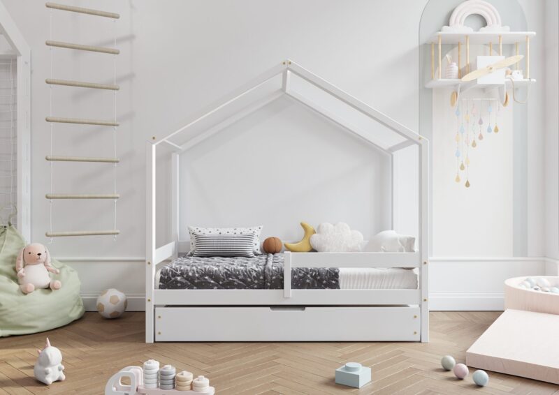 HUFFIE Hausbett aus Holz mit waagerechtem Rausfallschutz und Schlafschublade