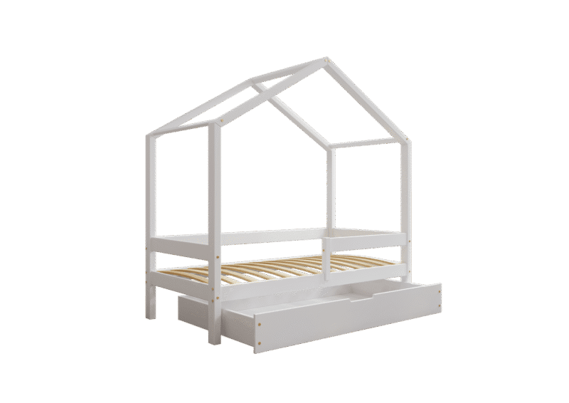 HUFFIE BOX Hausbett aus Holz mit waagerechtem Rausfallschutz und Bettwäsche-Schublade