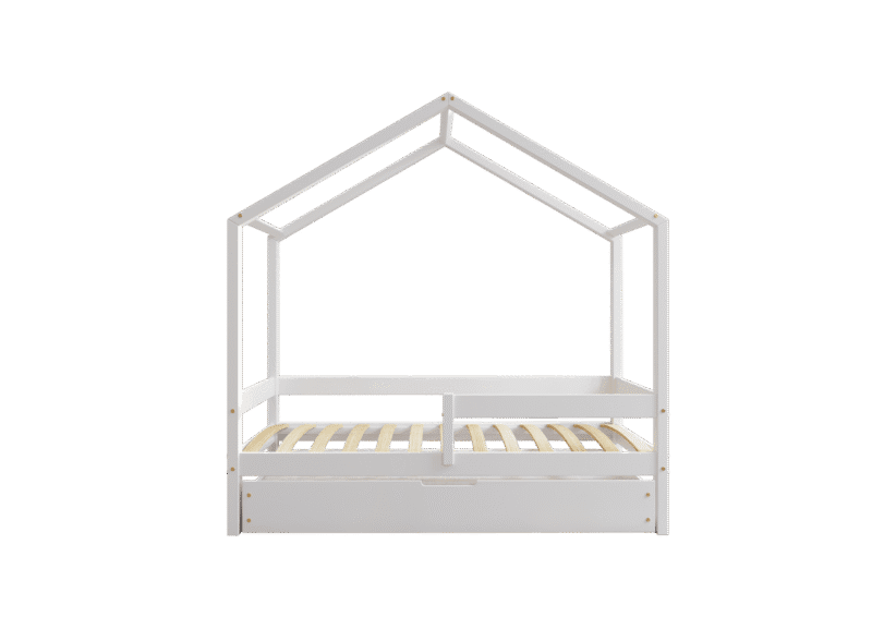 HUFFIE BOX Hausbett aus Holz mit waagerechtem Rausfallschutz und Bettwäsche-Schublade