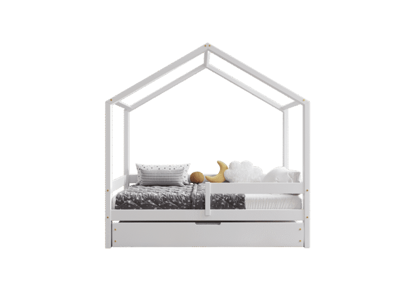 HUFFIE BOX Hausbett aus Holz mit waagerechtem Rausfallschutz und Bettwäsche-Schublade