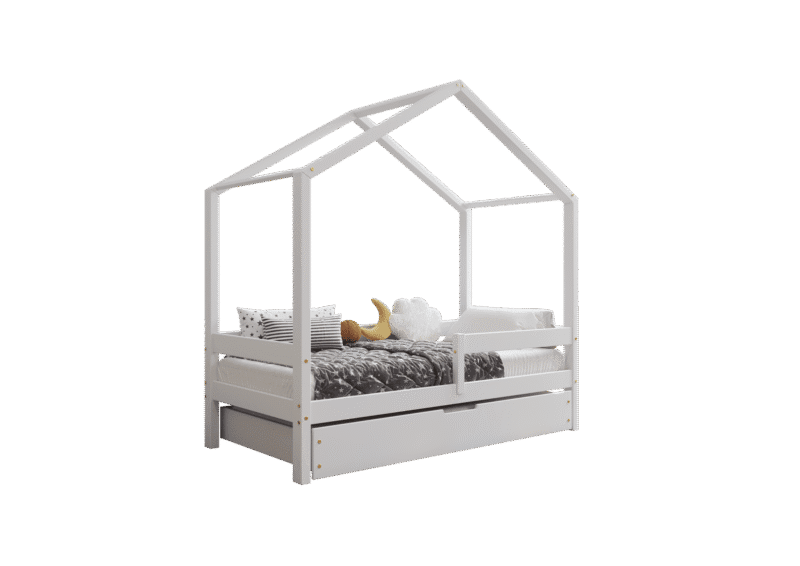 HUFFIE BOX Hausbett aus Holz mit waagerechtem Rausfallschutz und Bettwäsche-Schublade