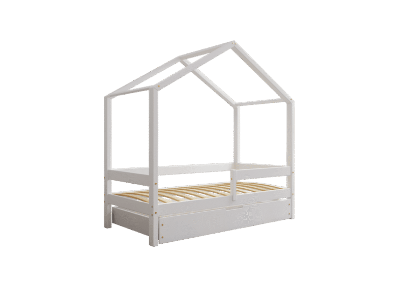 HUFFIE BOX Hausbett aus Holz mit waagerechtem Rausfallschutz und Bettwäsche-Schublade